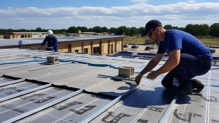 Roof waterproofing membrane being installed and detailed